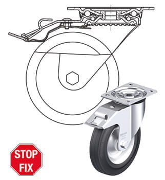 Roulette fixe à platine - roue en polyamide - avec roulement à billes - Ø  de la roue 100 mm - hauteur totale 138 mm - capacité de charge 90 kg